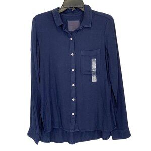 NWT So Perfectly Soft Collared Long Sleeve Button Up Blouse Navy Blue Size M